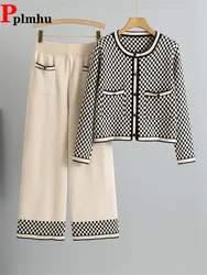 Plaid Design Knitted 2 Piece Sets Women Single Breasted Knit Sweater Cardigan Tops Conjuntos High Waist Wide Leg Pants Outfit