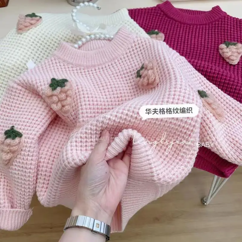 Korean Childrens Clothing 2023 Winter Girls Fashion 3D Round Neck Knitted Sweater Loose and Versatile Top Trend For Little Girls