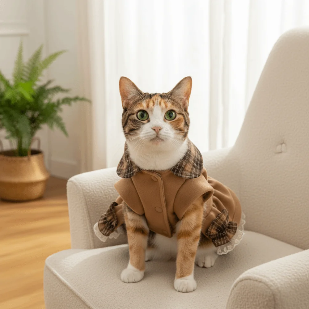 

Vintage Thickened Pet Plaid Skirt Windproof Comfortable Autumn Winter Dog Dresses Skin-Friendly Soft Cat Warm Clothes Daily Wear