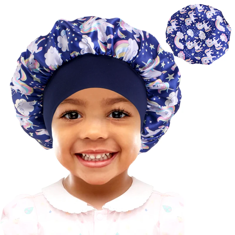 Cartoon Baby Kids Print Satin Bonnet Sleep Hat Cap for Curly Hair Adjustable Silky Satin Cap for Toddler Night Sleep Caps Beanie