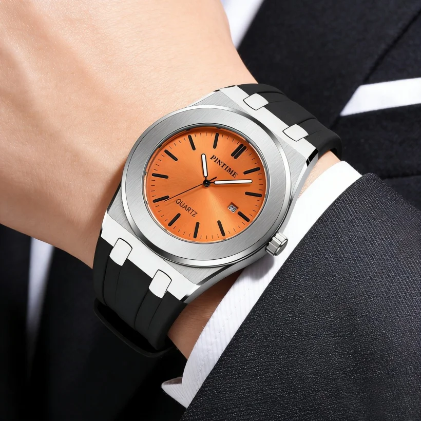 Sport Chronograph Watch Men Quartz Orange Silicone Strap Multifunction Waterproof Black Dial Luxury Fashion Wristwatch Business
