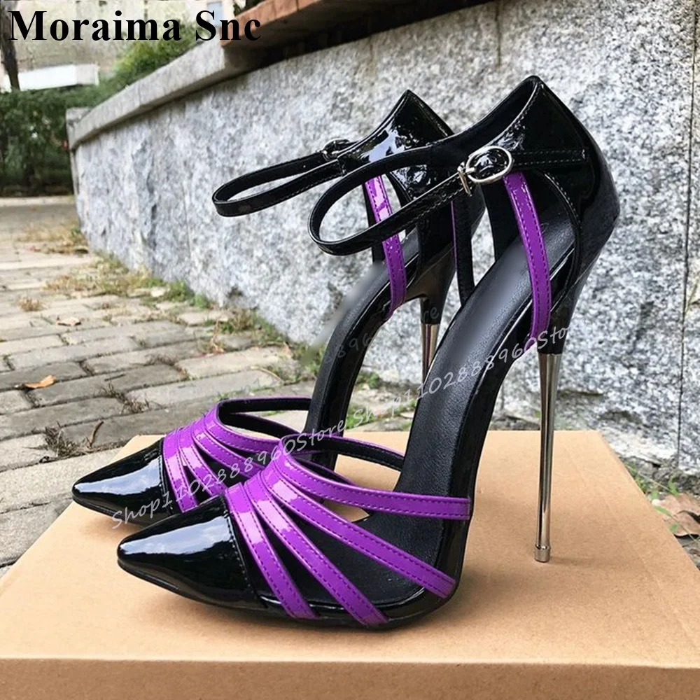 Mixed Metal Heel Narrow Strap Sandals Thin High Heel Women Shoes Ankle Buckle Strap Pointed Toe 2025 Fashion Zapatos Para Mujere