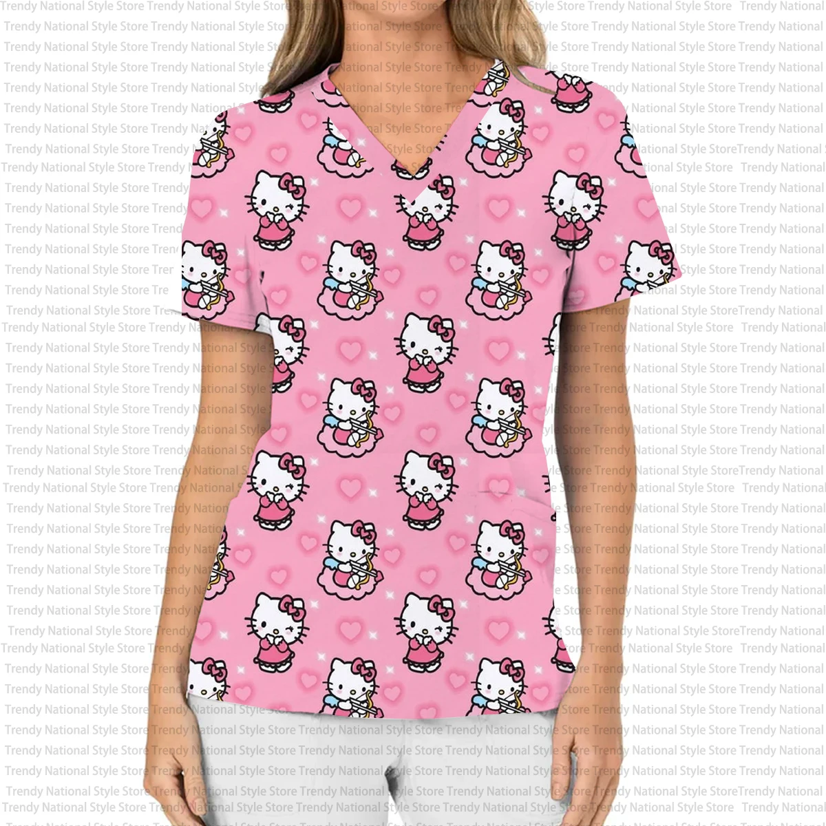 夏の新作レディースポケットフロストTシャツハローキティプリント歯科医美容ペットショップ作業服シンプルスタイル誕生日プレゼント