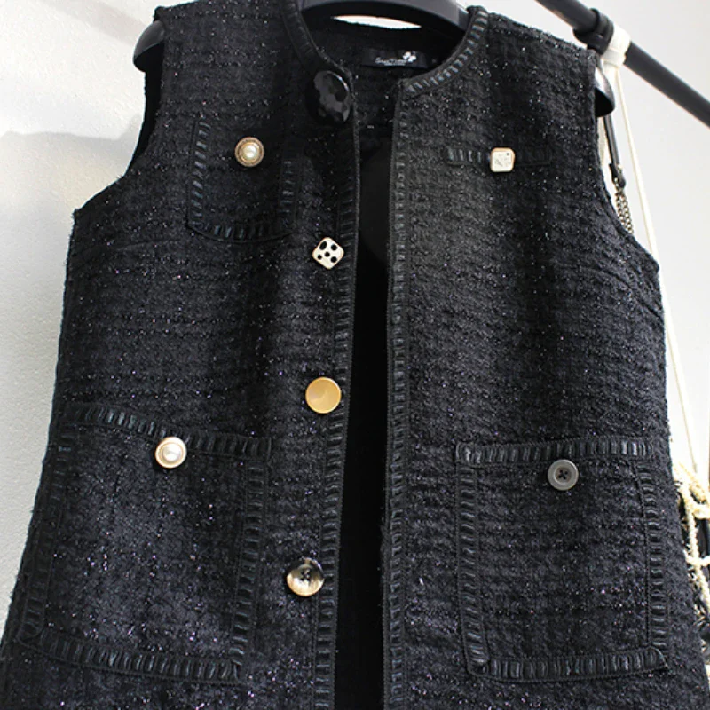 Autumn Winter 2025 V Neck Tweed Vest Women Vintage Elegant Loose Casual Sleeveless Jacket Tops French Style Chic Waistcoat