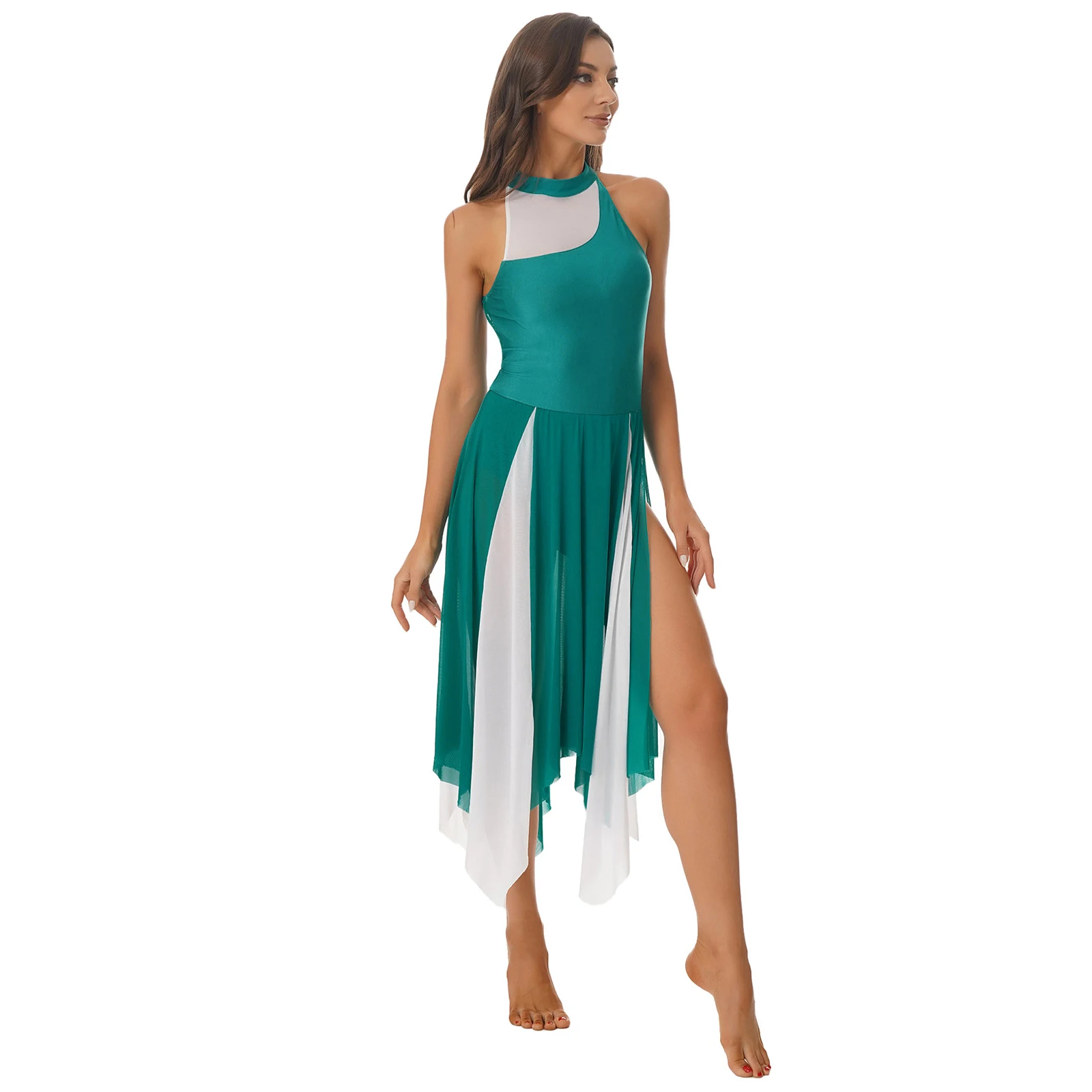 Bloco de cores sem mangas feminino Vestido Dança Lírica, Collant de Ginástica, Vestido para Salão de Baile, Dancewear Moderno