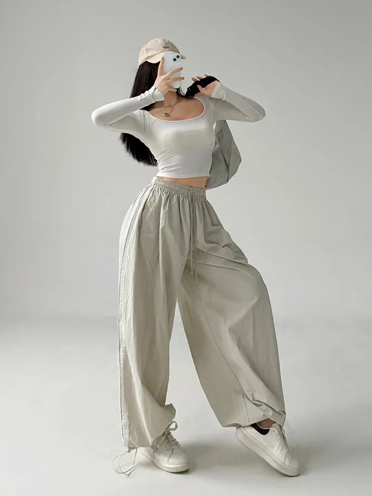 

High Waist Wide Leg Pants Women's Loose Fit Sporty Casual American Street Style Trousers Polyester Fiber High Waist Wide Leg