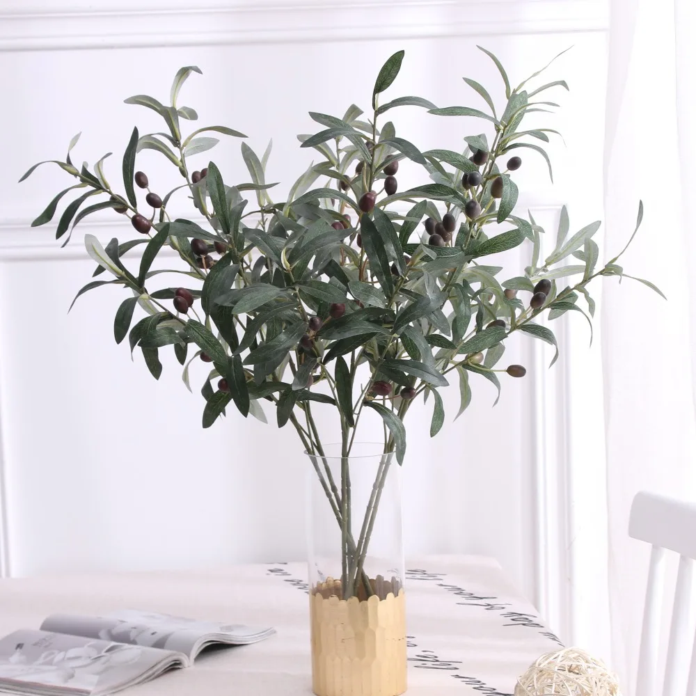 1 unidad de hojas verdes de oliva artificiales, ramas de árboles, frutas navideñas, plantas falsas, accesorios para fotos, decoración para el hogar y la boda, flores de seda