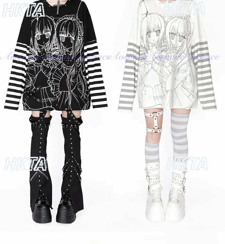 Subkultura Dwuwymiarowe Nadruki Bluzka z Odkrytymi Ramionami Udawana Dwuczęściowa Koszulka w Paski z Długim Rękawem Słodka i Modna Koszulka Y2k Damska