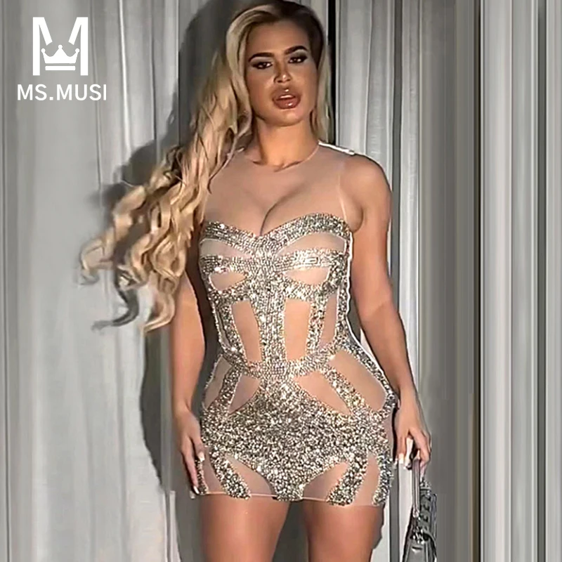 

MSMUSI 2023 Newest Fashion Designer Women Sexy Tank Neck Lace Mesh Crystal Sequin Sleeveless Bodycon Party Club Event Mini Dress