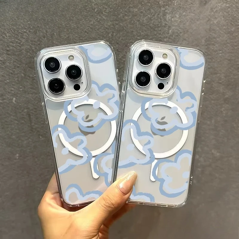 

Full Screen Hollowed Out Blue Flowers Phone Case For IPhone 17 Air 16E 16 Pro Max 15 14 Plus 13 12 11 Cover Case Funda