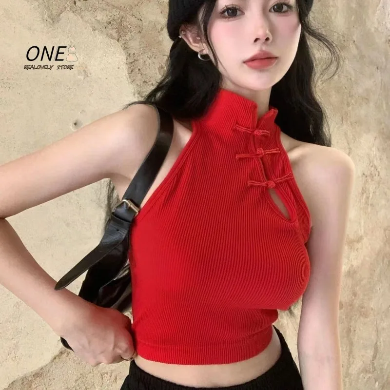 Vintage Chinese Button Tank Tops with Bra Pad Halter Tops O-Neck Elegant Crop Tops Retro Button Cheongsam Style Cloth for Women