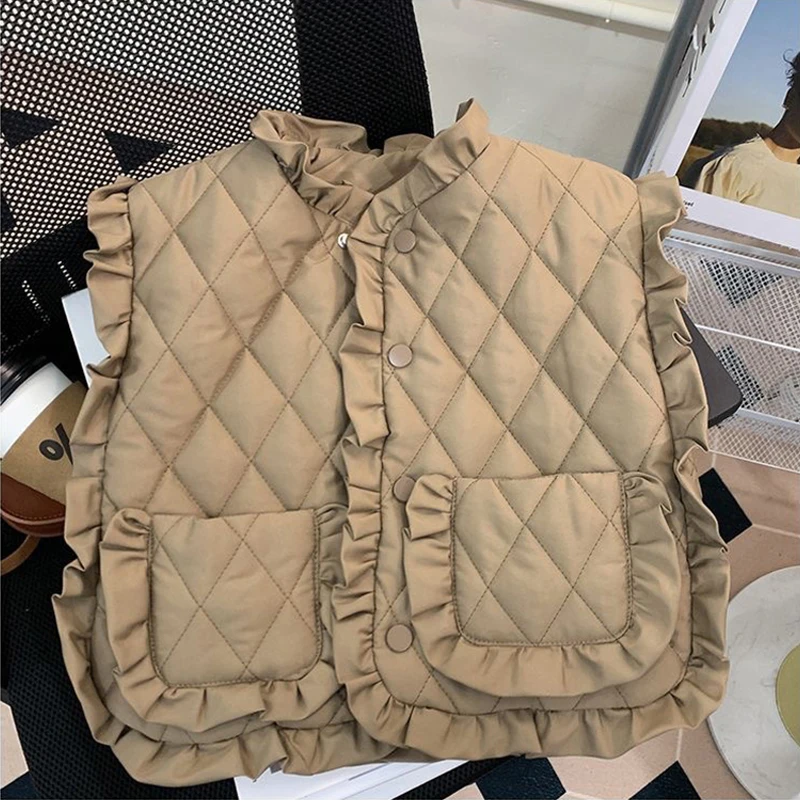 

Платье, повседневный удобный зимний детский жилет для девочек, жилет для девочек, 2025 г., без рукавов с круглым вырезом и воротником с рюшами, на хлопковой подкладке, теплый