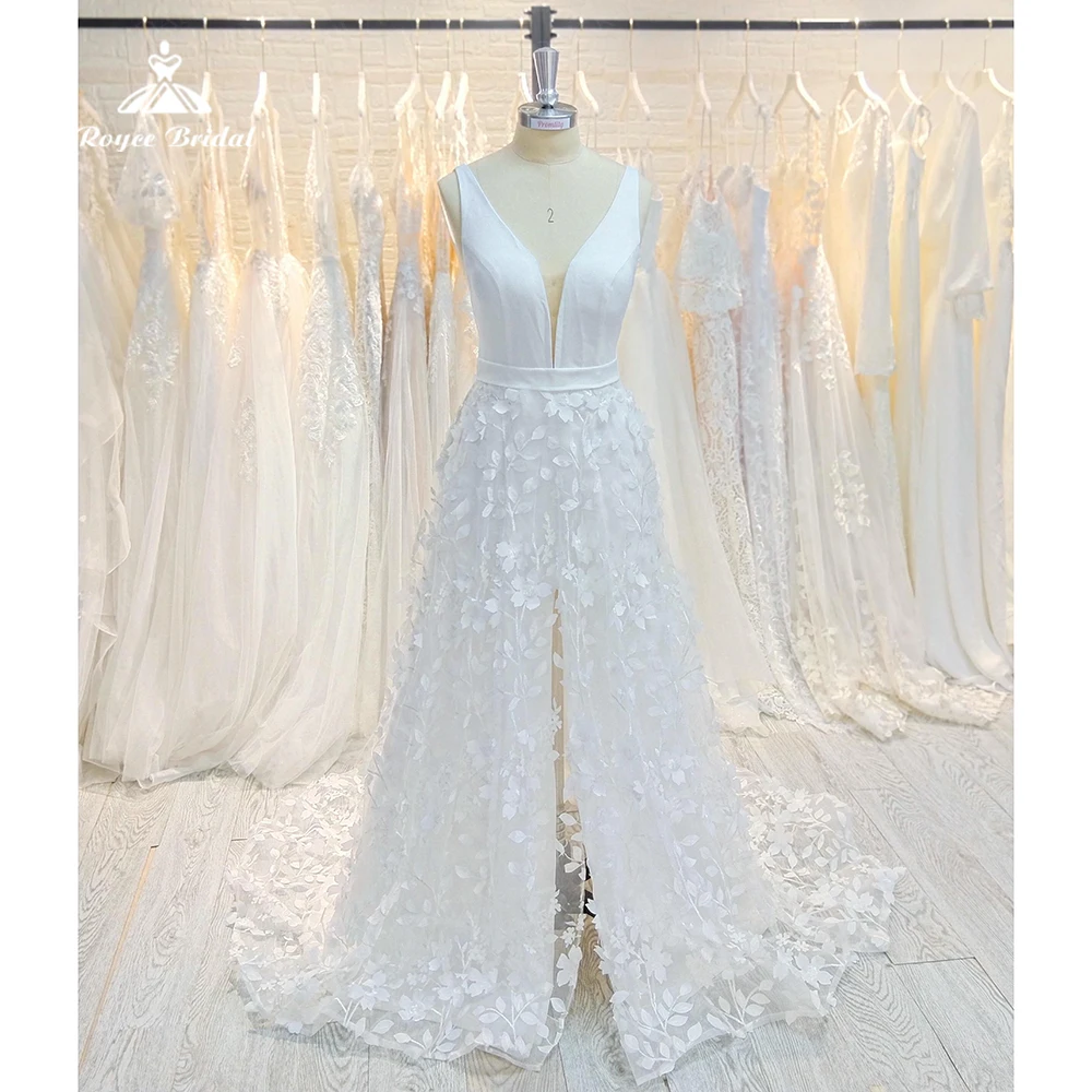 

Roycebridal Satin and Lace Applique Wedding Dress 2025 Deep V Neck with Waistband Split Sweep Train Customized vestidos de novia