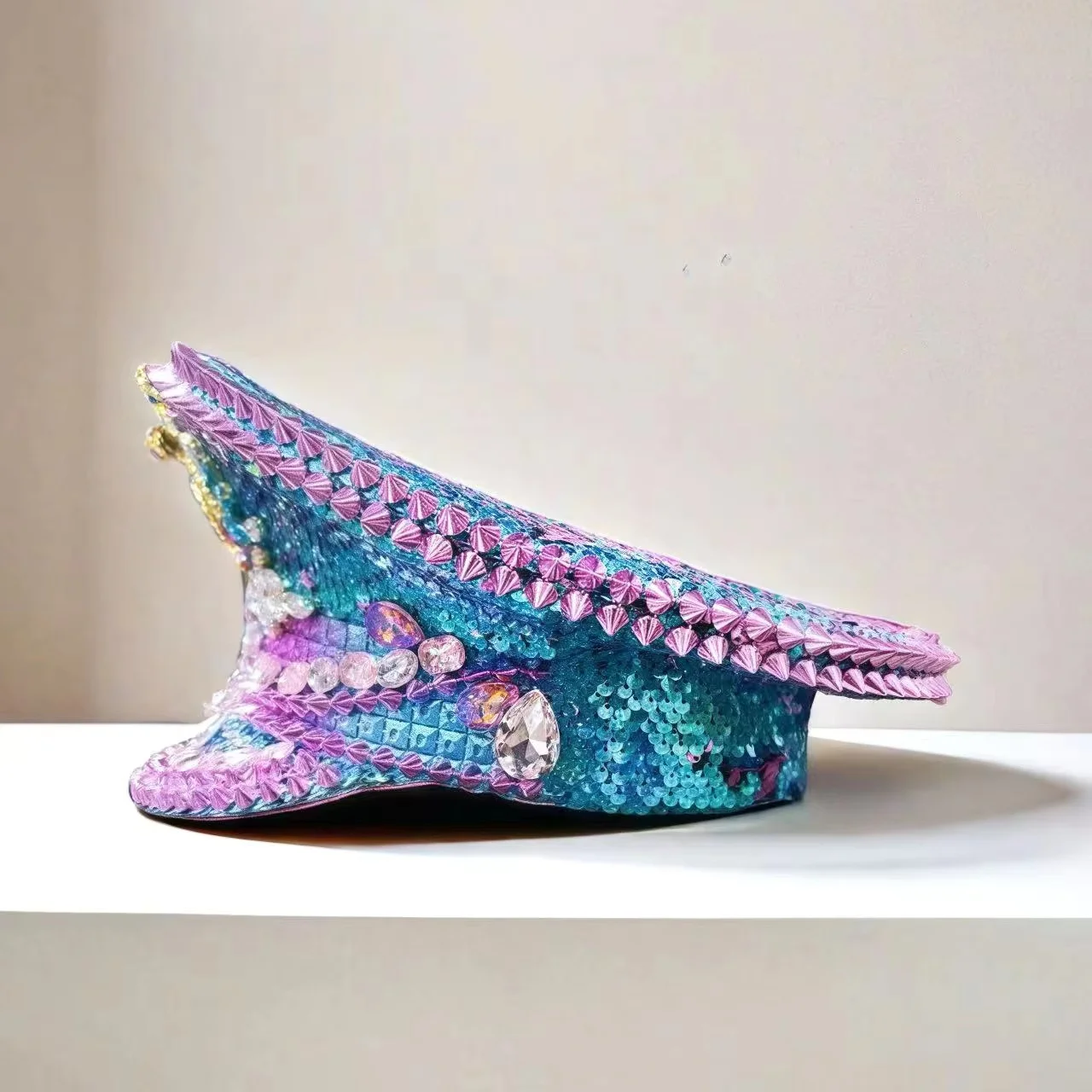 HongLuan Yellow Laser Leather Loop Captain Hat Rhinestone & Military Caps for Woman, Rave Festivals Accessories ＆ Party Cap Man