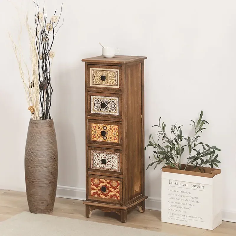 Narrow Retro Solid Wood Storage Cabinet- Multi-Layer Drawer for Living Room