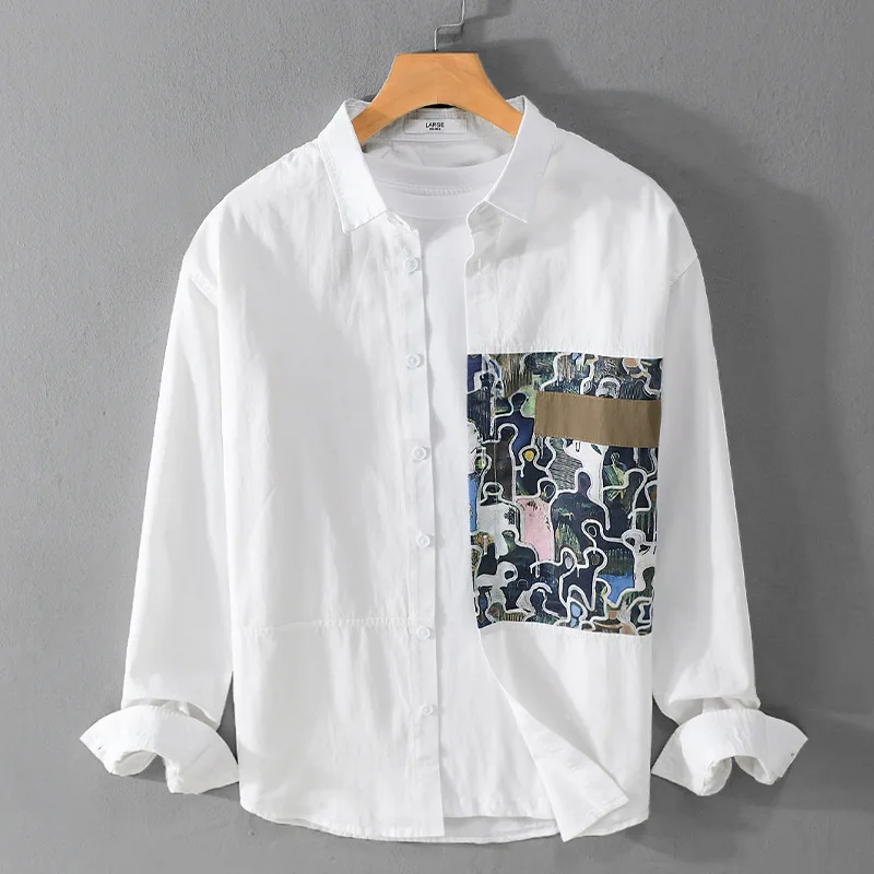 

Trendy Long Sve Men's irt Casual Print Patchwork Loose Fit Cotton Moisture ng Daily Wear Korean Sle Button up