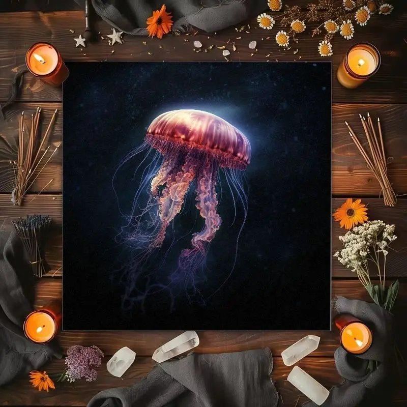 VIKAMA Deep Sea Luminous Jellyfish Tarot Card Tablecloth Mystical Divination Altar Cloth Ceremony for Spiritual Room Decor