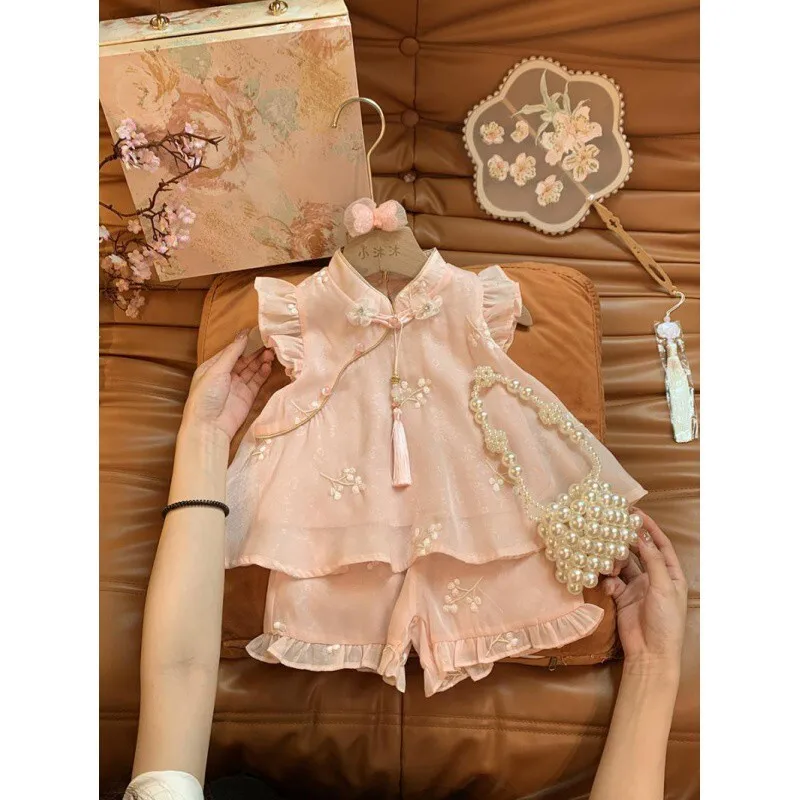 

Girls' Cheongsam Summer Dress 2025 Fashionable Girl Baby Sweet New Chinese Style Two Piece Set Trendy