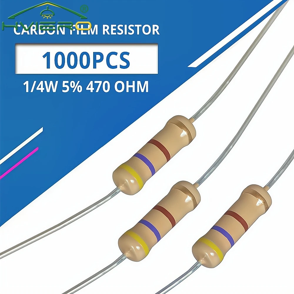 1000Pcs 470 Ohm Resistors 1/4W Cylinder for DC 12V LEDs High-power 470R 5% Carbon Film Resistor Direct Insertion Four Color Ring