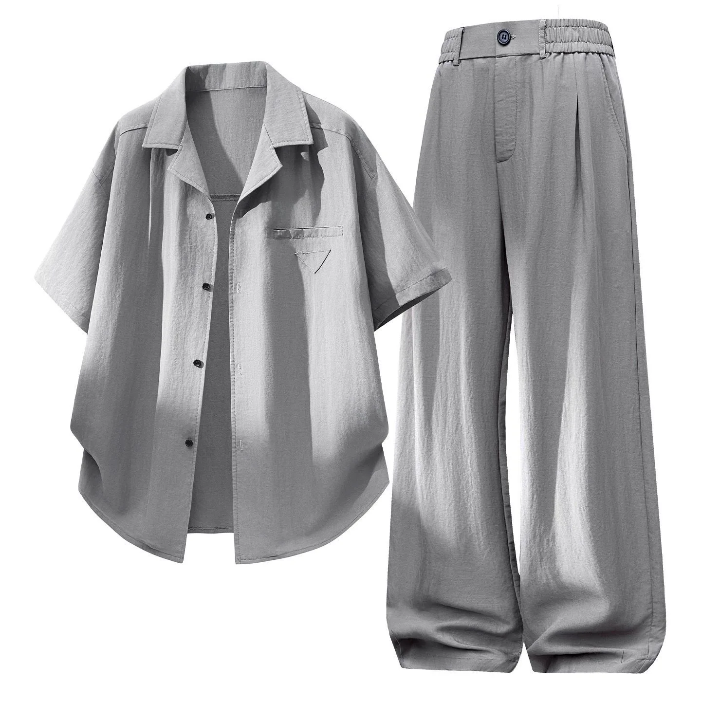 

Summer New Fashion Solid Color Ice Silk Breathable Linen Short Sleeve Shirt Set Men's Casual Loose Sport Plus Size Two-Piece Set