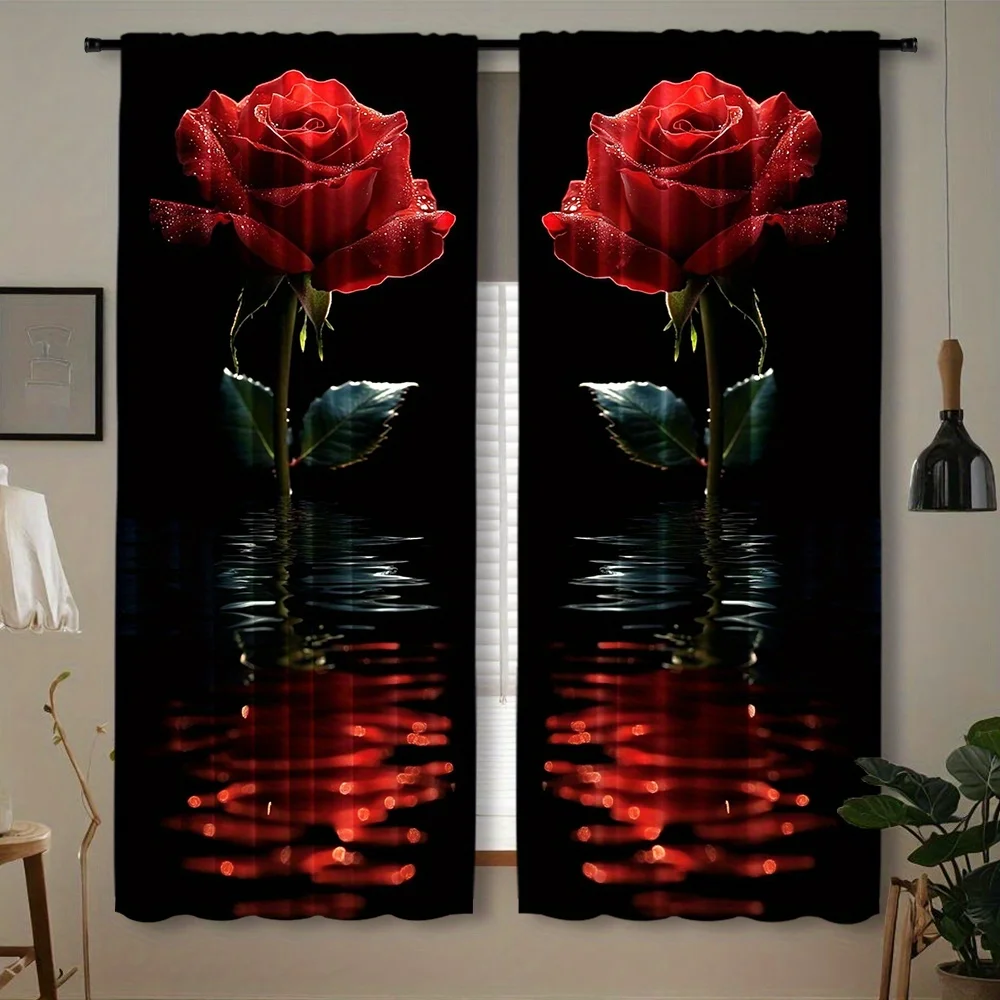 Glossy Red Rose Curtain 2 Panels, Dew Petal Water Wave Reflection Allover Black Tone Print, Curtains for Balcony Floral Curtain