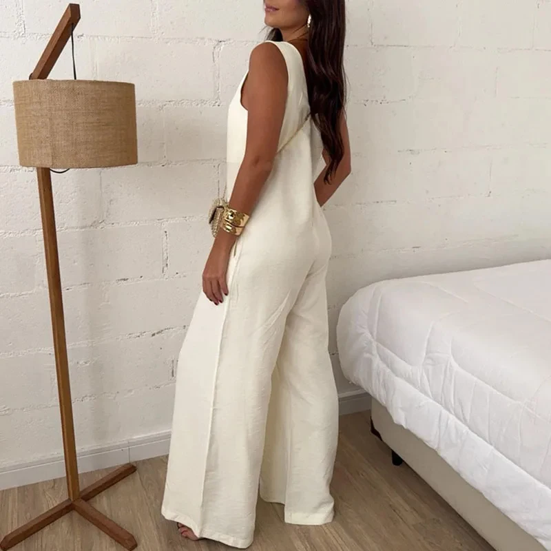 

Модный летний комбинезон в уличном стиле: сексуальный, с V-образным вырезом, без рукавов, с карманами, длинный, элегантный, с завышенной талией, на шнуровке, однотонный.