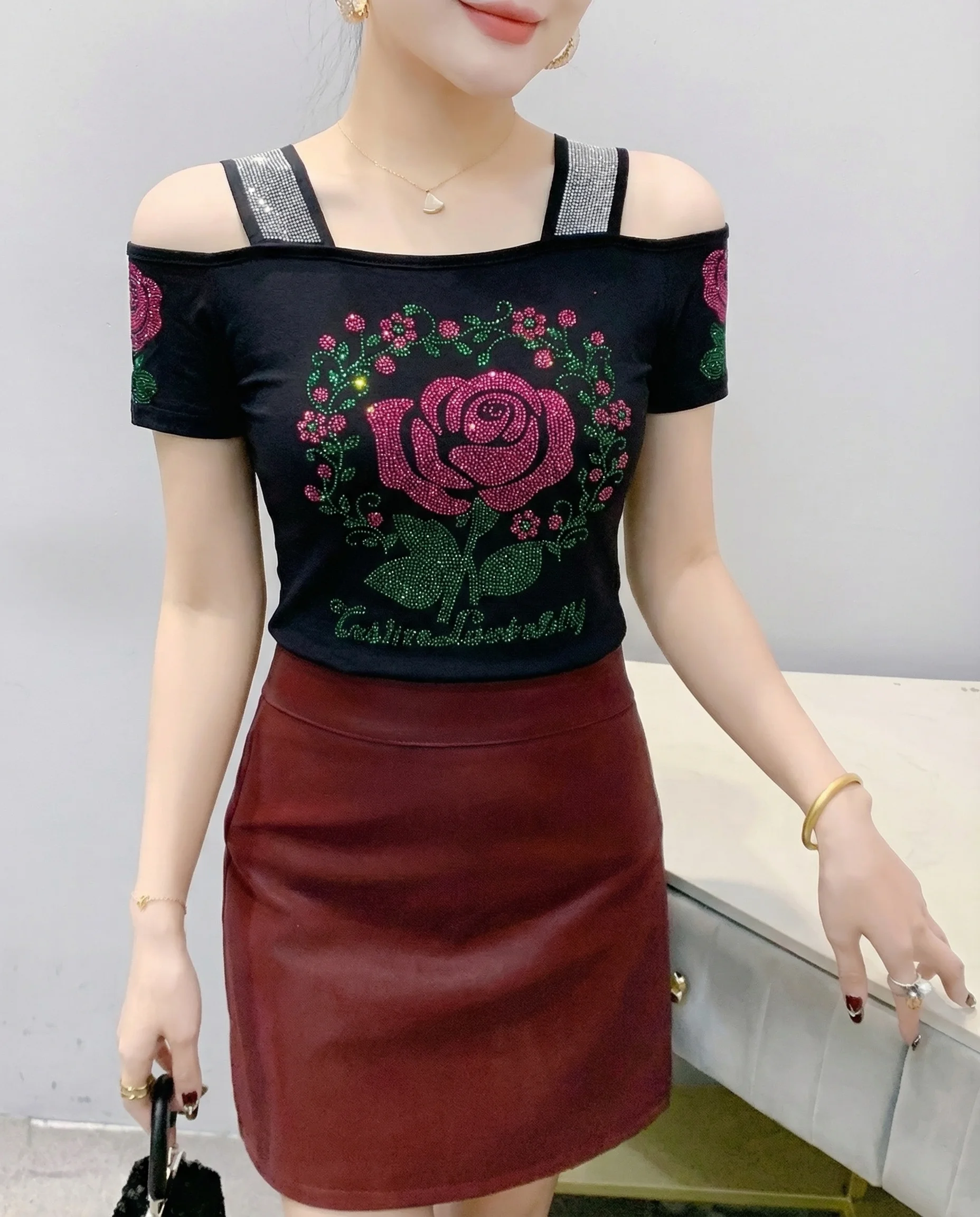 New Designer Hot Diamond Mesh T-Shirt Women Korean Style Sexy Off Shoulder Slim Tee Summer Casual Streetwear Tops