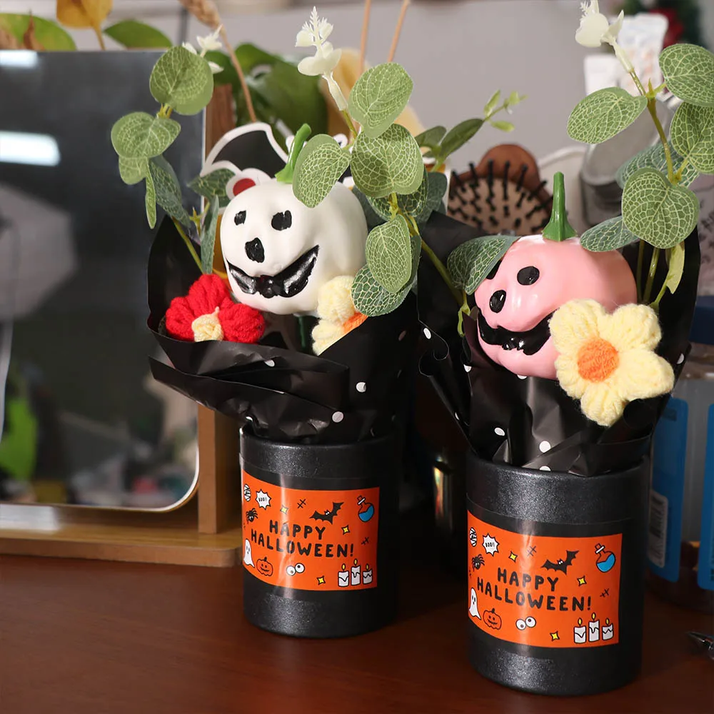 Creative Pumpkin Bouquet Bat Resin Halloween Decoration Resin Crafts Woven Flower Ghost Desktop Ornament Living Room