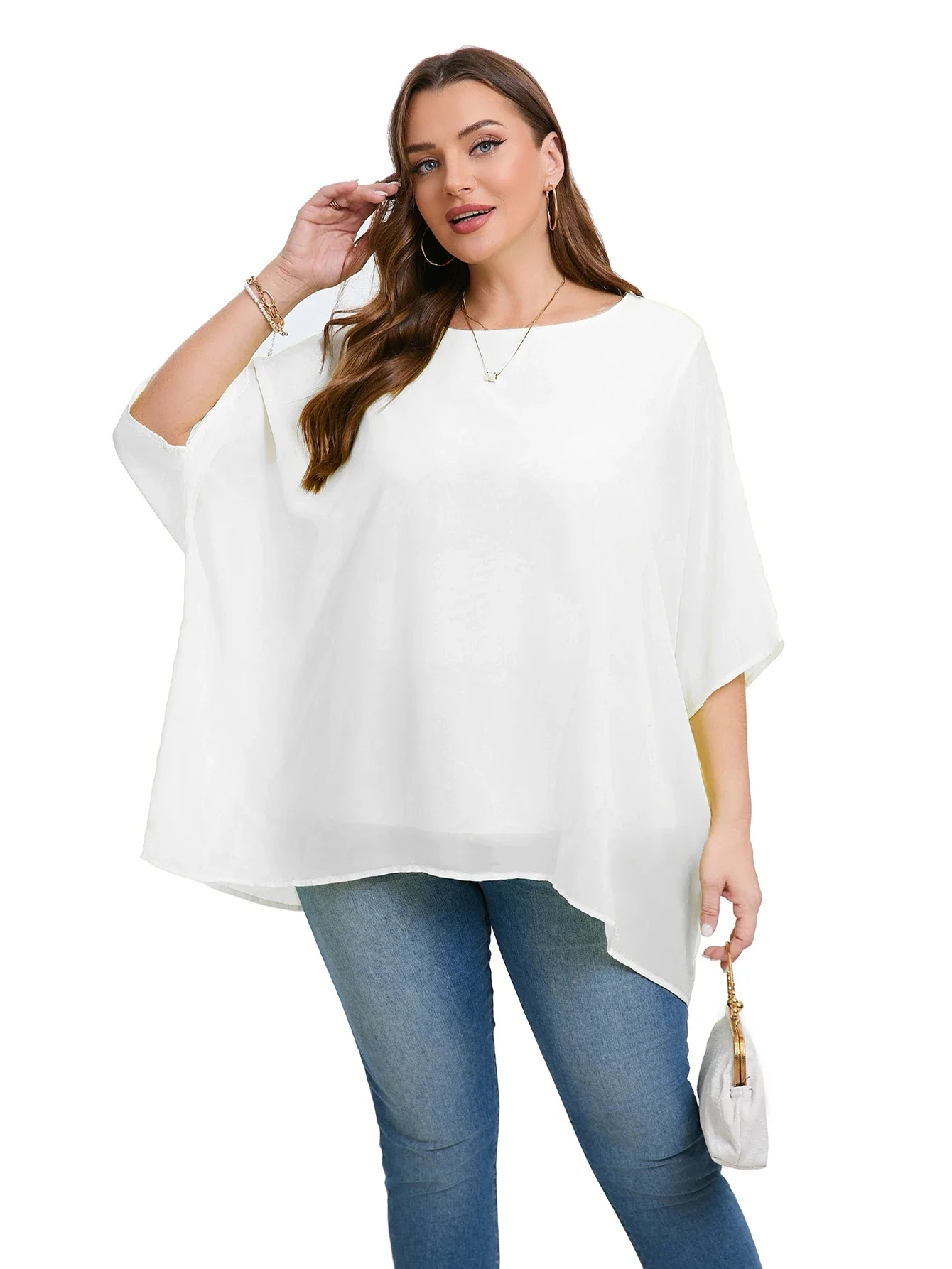 Camicetta estiva elegante taglie forti da donna Manica a pipistrello Camicetta oversize in chiffon Girocollo Camicia a tunica casual di grandi dimensioni 4XL