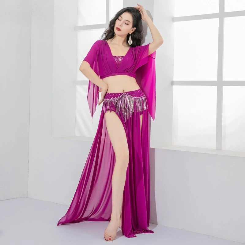 Costumi di danza del ventre personalizzati Colletto profondo con piega a V Top Gonna con nappe forate a caldo Abito da spettacolo per pratica di danza orientale in rete