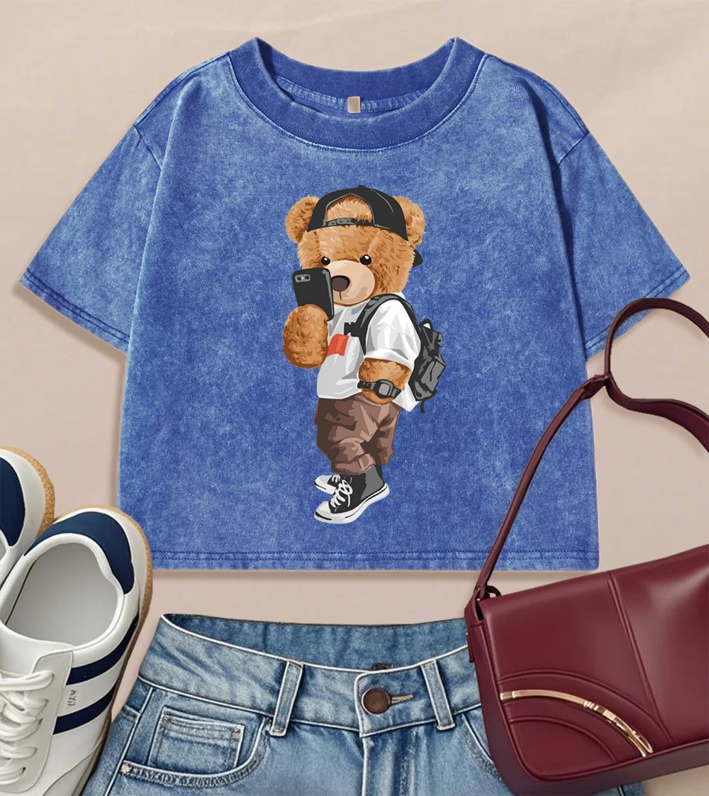 ارتداء قبعة كول الدب Selfie طباعة غسلها المحاصيل تي شيرت المرأة خمر اللياقة البدنية الملابس القطن سليم قصيرة الأكمام Crewneck Y2K تي شيرت
