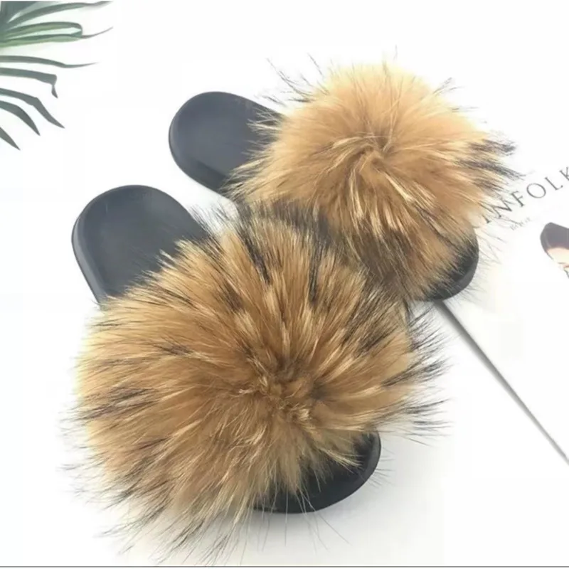 Real Raccoon Fur Slides For Women Home Fluffy Slippers Outdoor Non-Slip Wear-Resistant Flat Sandals Casual Beach Shoes