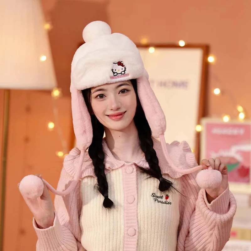 Kawaii Sanrio Peripherals My Melody Kuromi Cinnamoroll Cartoon Winter Plush Windproof Hat Girl Going Out Ear Protection Hat