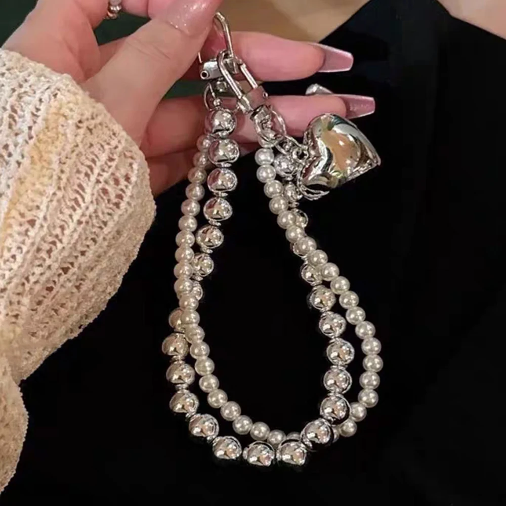 

Sliver heart Lanyard Bead Phone wrist strap for phone accessories Camera Bag Pendant keychain for phone pendant