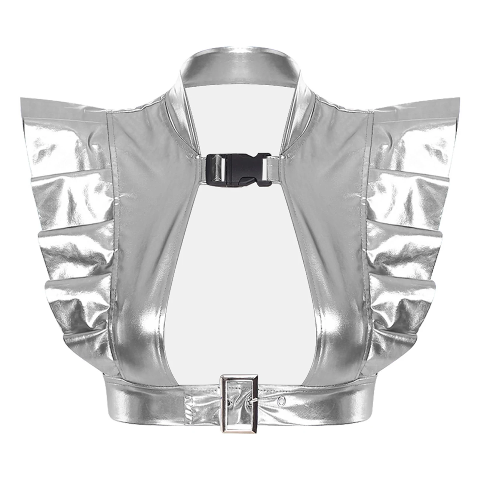 เสื้อครอปท็อปผู้หญิงสีเมทัลลิกเหลือบรุ้ง สำหรับงานปาร์ตี้ แต่งกายแนวเรฟ  พร้อมแผ่นป้องกันไหล่ แต่งระบาย  ด้านหน้าเว้า  สายรัดปรับได้ด้านล่าง