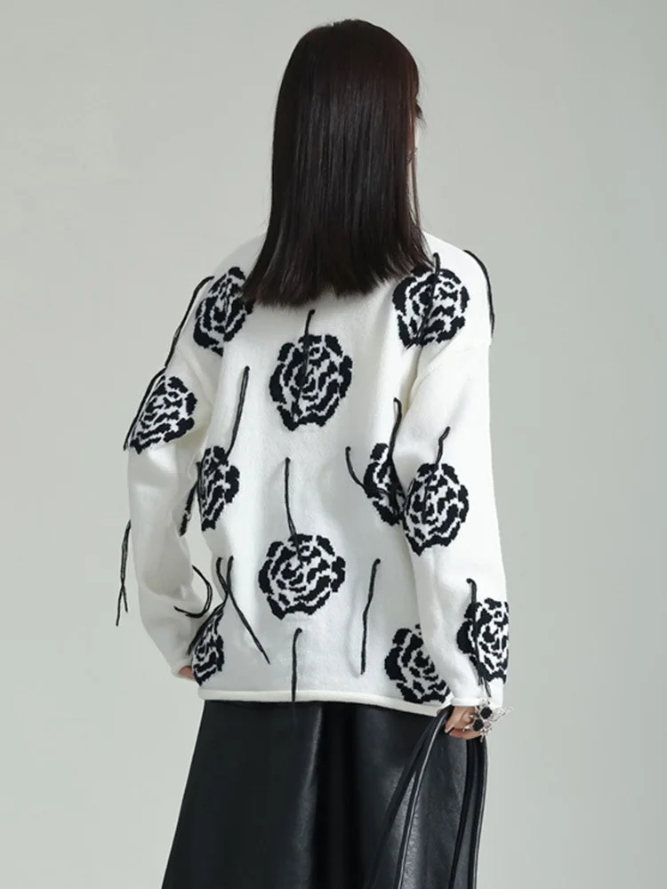 [EAM] Wihte Flower Big Size Knitting Sweater Round Neck Long Sleeve Women Pullovers New Fashion Tide Spring Autumn 2024 1DF5110