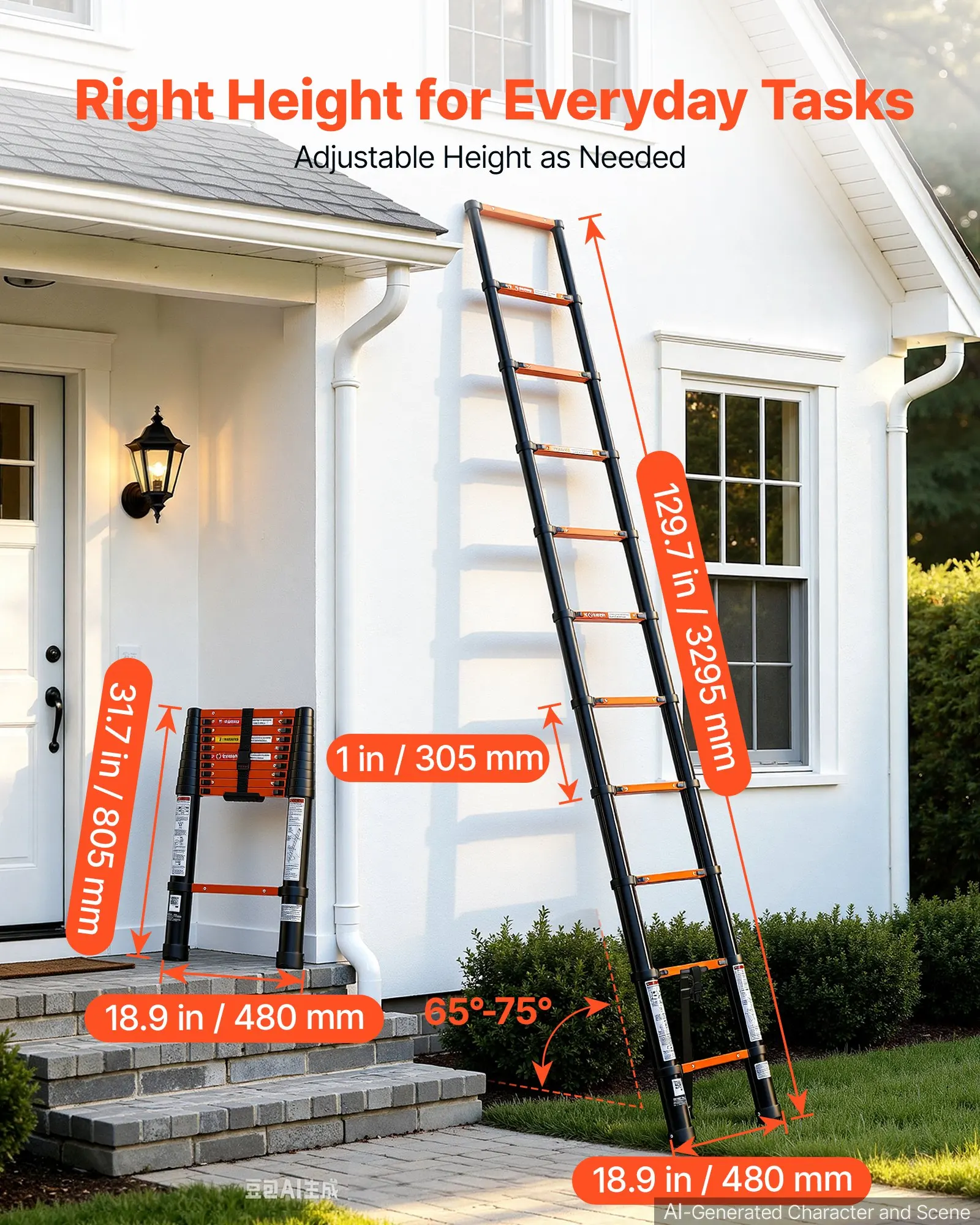 Telescoping Ladder, 10.5 ft Extension Ladder Multi-Button Retraction, Heavy-Duty 330 lbs Capacity, Painting, Window Cleaning and RV, Aluminum, Anti-Slip Steps, Orange & Black