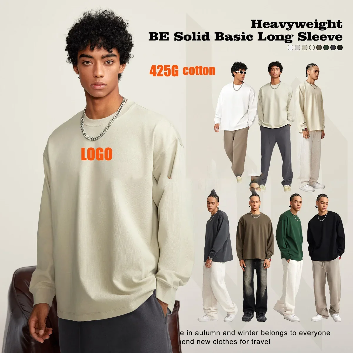 Custom LOGO Men's 2024 New Heavy 425G100% Cotton Long Sleeve Teen High Quality Loose Long Sleeve T-Shirt