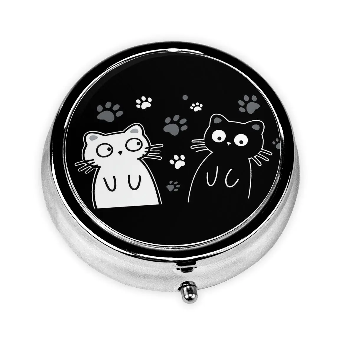 

Personalized Black Cat Round Pills Box Cut Kitten With Paw 3-Compartment Mini Pill Organizer Medicine Box Dispenser