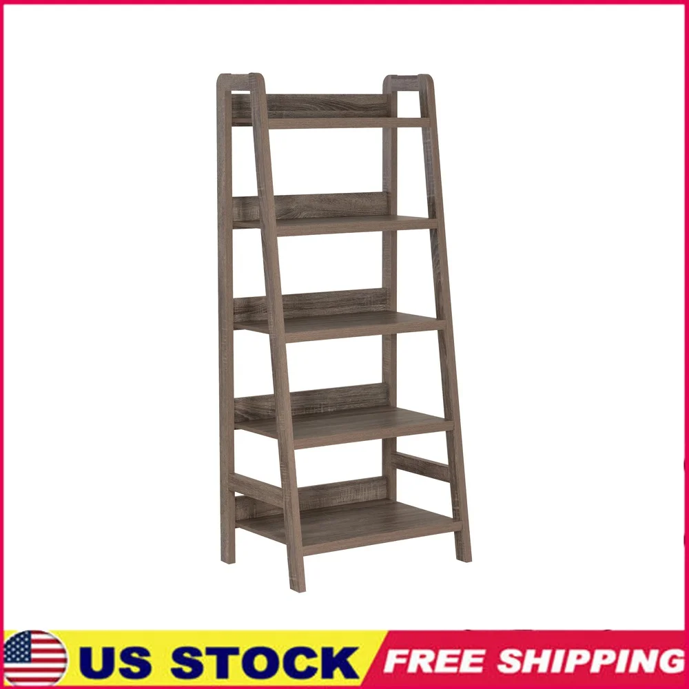 

Mid-Century 5-Shelf Ladder Bookcase Gray Open Shelving Unit Stylish Display Storage Living Room Bedroom Office Decor