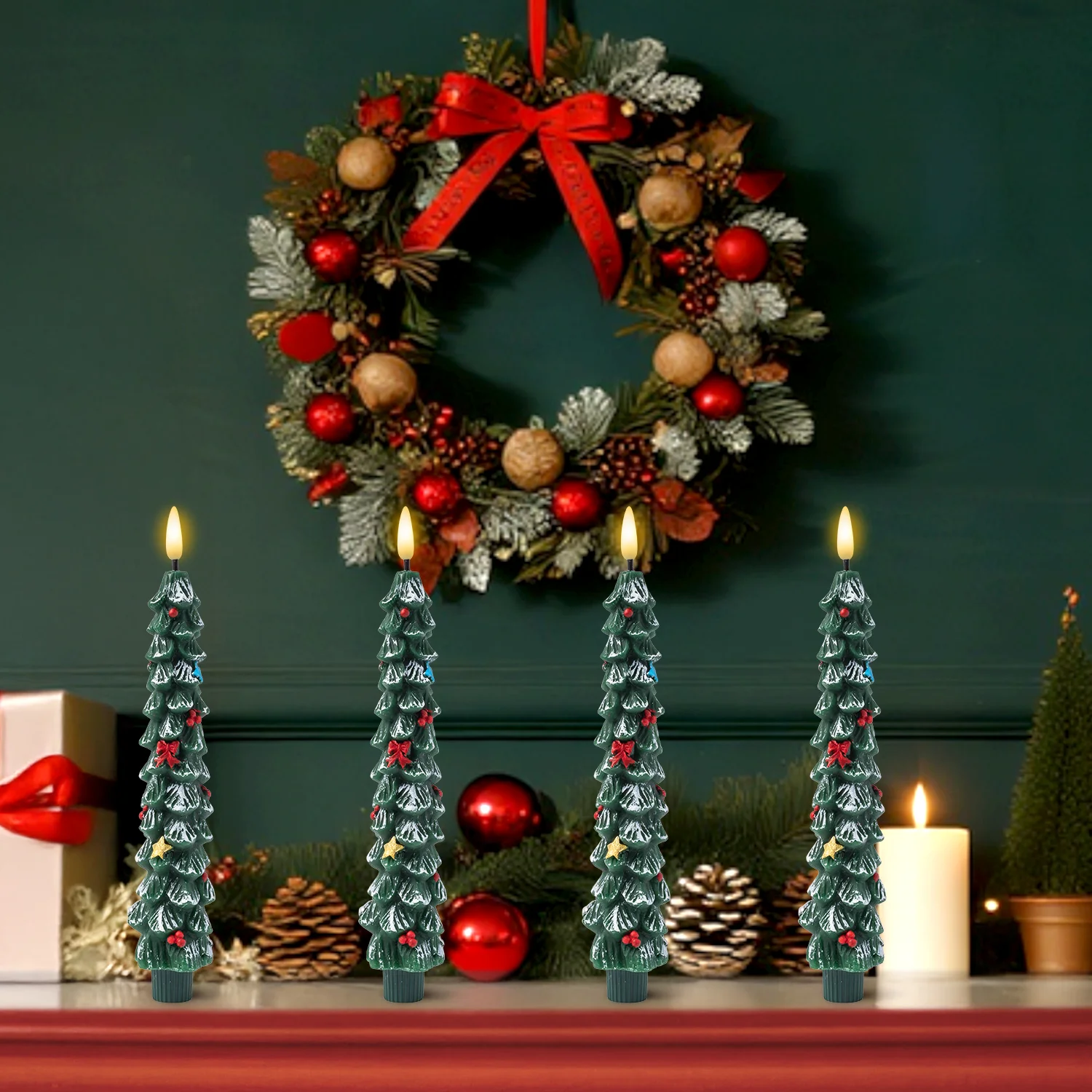 3D Christmas Tree Candles Flameless Taper Candles Remote Control Candle Flame Candles for Christmas Home Office Decorations