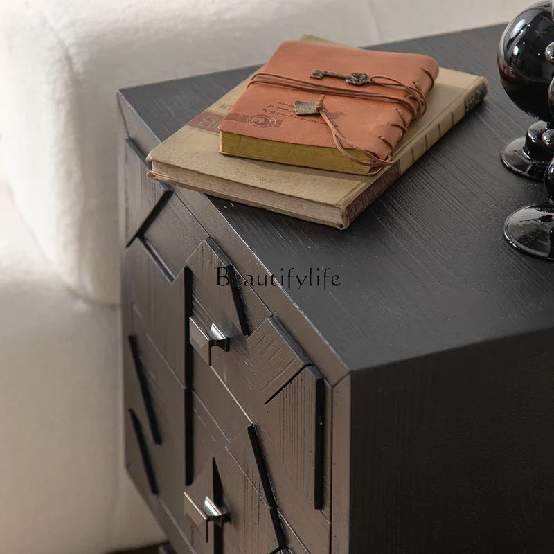 ls 51Französischer Retro-Nachttisch aus Massivholz mit Schubladen und Aufbewahrungsschrank