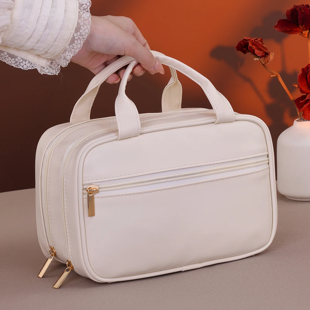Przenośna kosmetyczka podróżna ze skóry PU Dwuwarstwowa kosmetyczka w jednolitym kolorze Torebka o dużej pojemności Organizer na kosmetyki