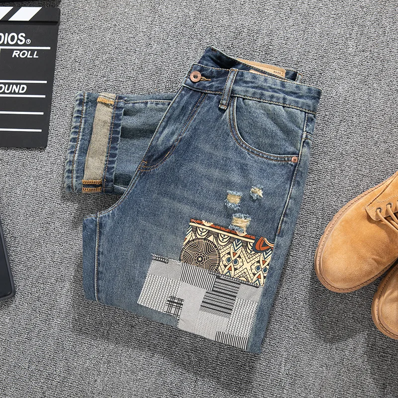 الكورية الرجعية المتعثرة التصحيح فضفاض مستقيم الساق الجينز الرجال العصرية حجم كبير الملابس الرجالية السراويل القماش المرقعة #4