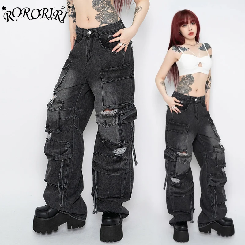 

RORORIRI Multi-pocket Cargo Jeans for Women High Waist Wide Leg Pants Ripped Hole Vintage Wash Baggy Jeans Moto Punk Work Wear