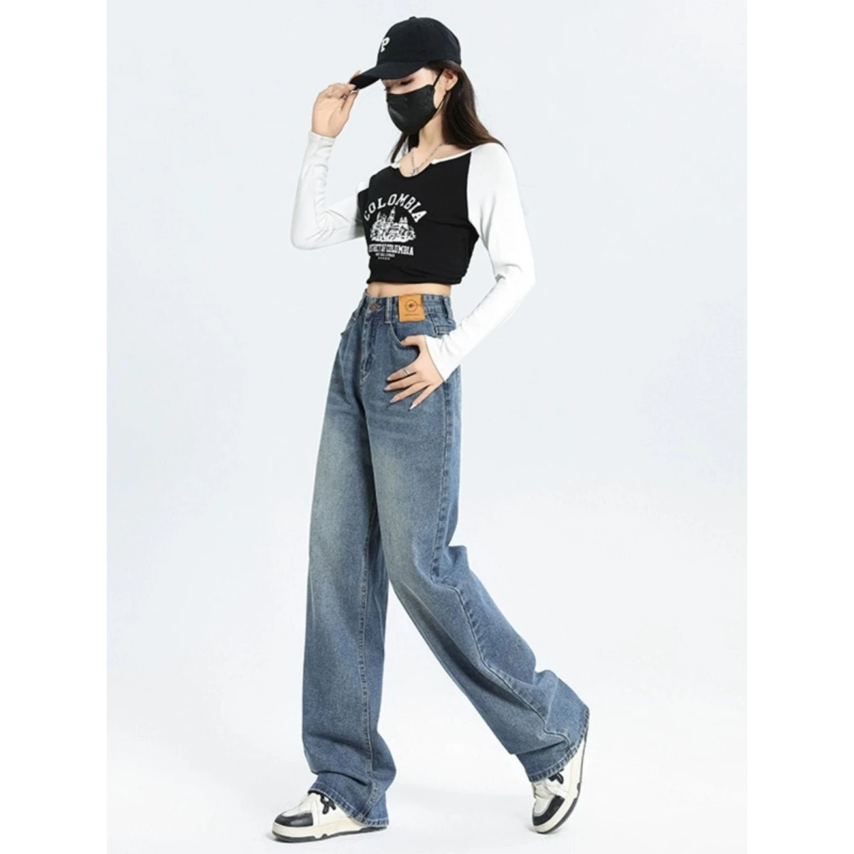 

Джинсы женские прямые с высокой талией, широкие штанины, весна-лето-осень, тонкие, сексуальные, в стиле ретро, повседневные, однотонные, из хлопка...