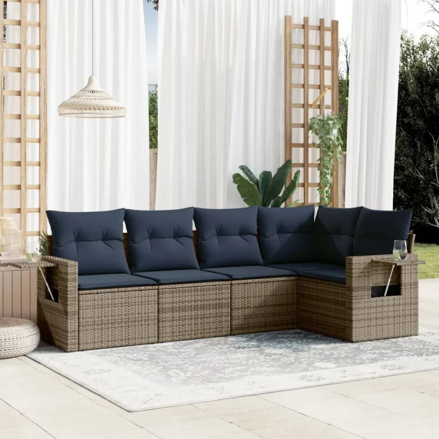 

5 Piece Patio Sofa Set with Cushions Gray Poly Rattan