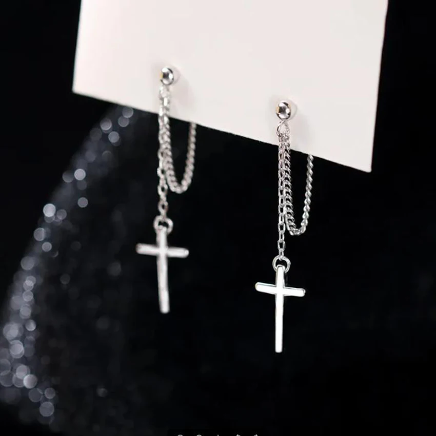 2 Pcs Punk Silver Color Cross Drop Earrings for Women Men Gothic Hip Hop Long Tassel Hanging Earring Jewelry Gift Bijoux image 5