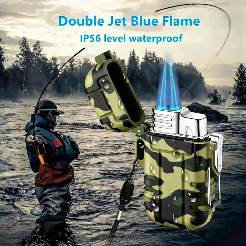 

Outdoor Waterproof Lighter with Lanyard Portable Blue Flame Jet Lighter Butane Turbo Cigar Lighter Camping Wading Men's Gadgets