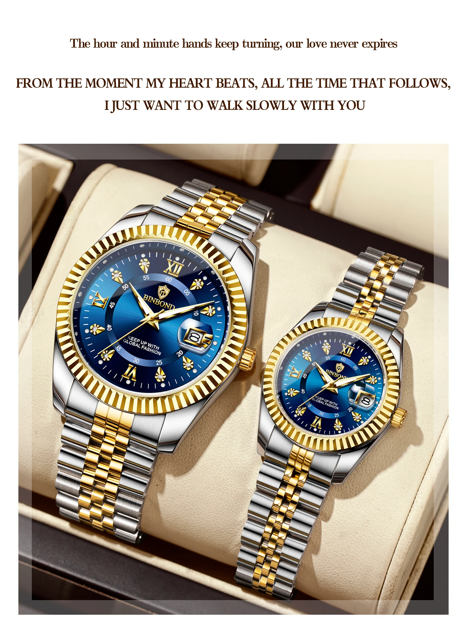 BINBOND Original Couple's Quartz Watches Luminous Waterproof Gift For Lover Men's Women's Watch Mujer Relojios +Gift Box
